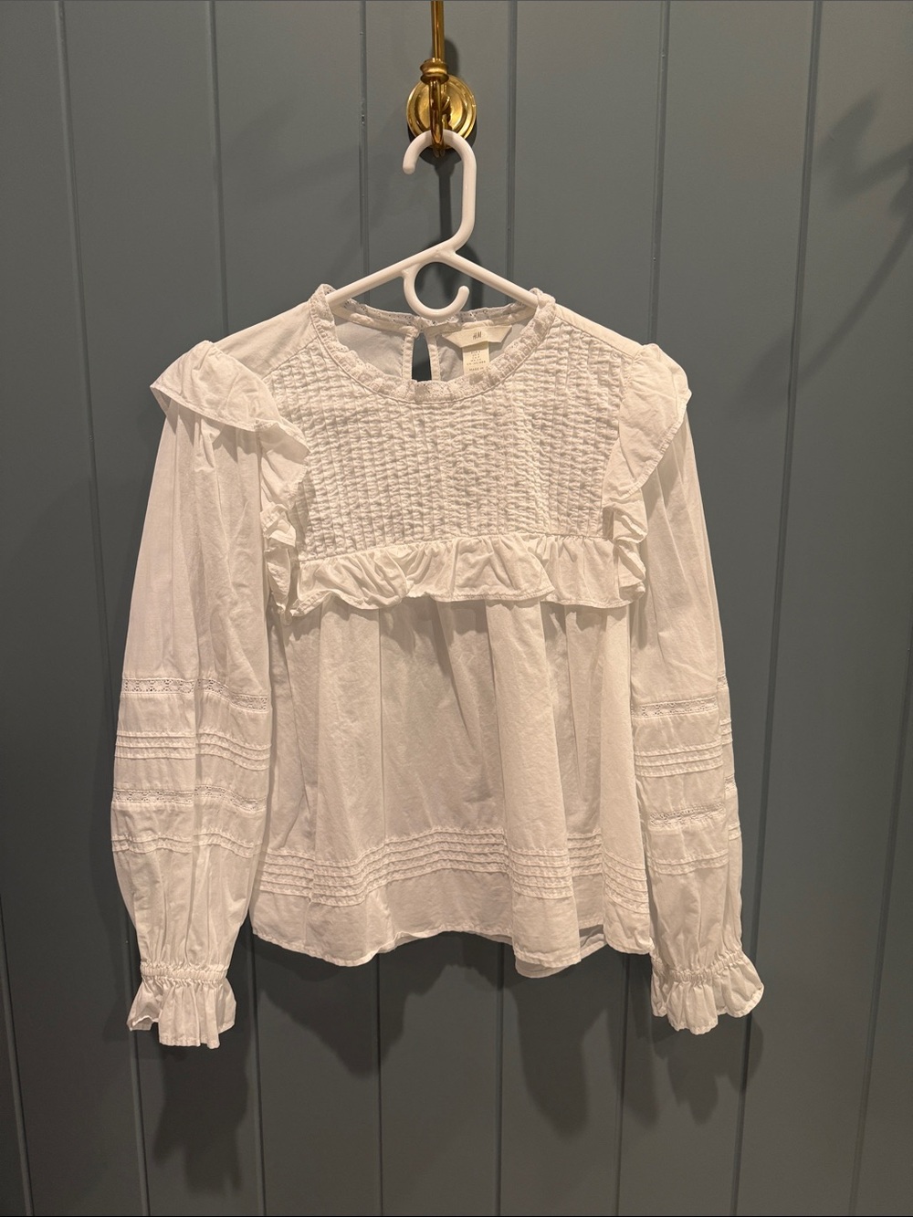 H&M White Smocked Yoke Ruffle Blouse